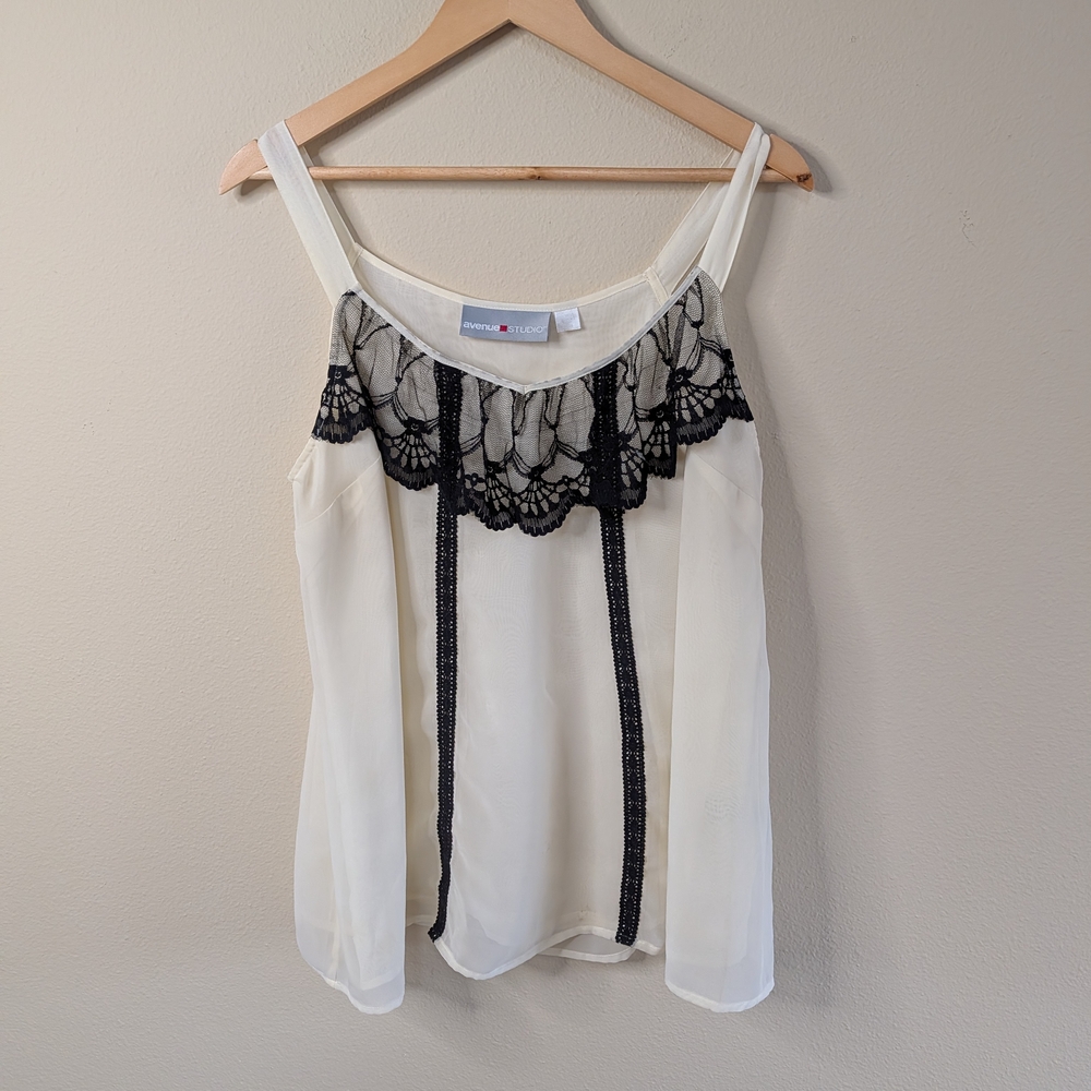 Avenue‎ Studio Lace Trim Tank Top Cream Black Size 18/20